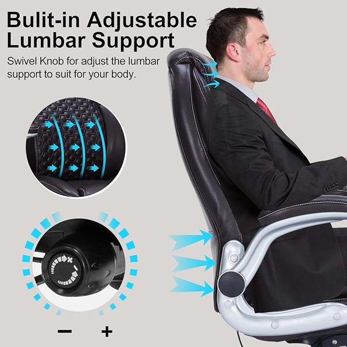 Big and Tall Office Chair, Ergonomic Desk Chair with Flip-up Arms, PU Leather Office Chair for Home Office, Computer Chair with Adjustable Lumbar Support, Space Saving Executive Task Chair