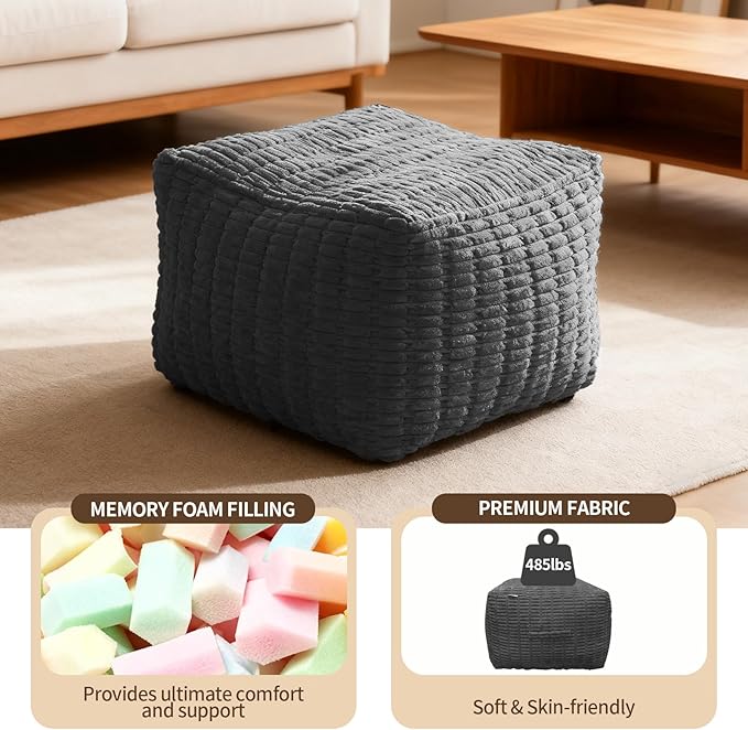 Pouf Ottoman, Soft Corduroy Pouf, Poofy Ottoman Foot Rest，Poufs for Adults, Poofs & Ottomans Furniture, Floor Poof-Chair for Living Room & Bedroom(1PC, Dark Grey, 22"×22"×14")