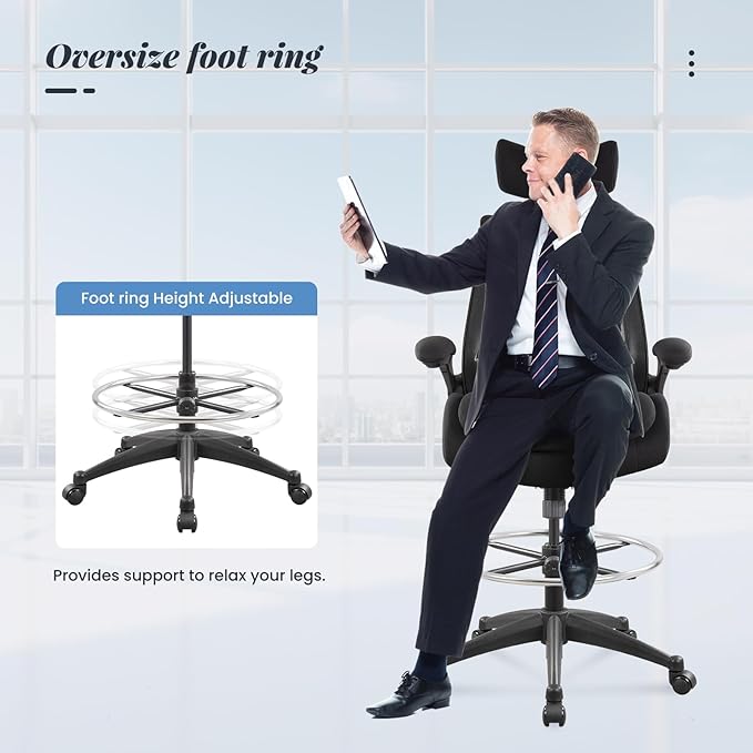 400lbs Ergonomic Drafting Tall Office Chair for Adjustable Standing Desk with Flip-Up Arms, Headrest (with Footring, Black)