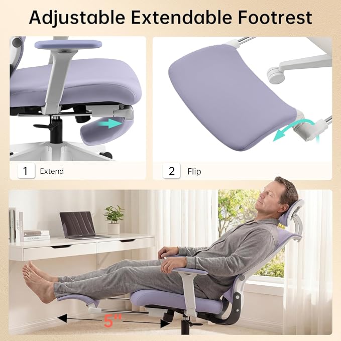 Foldable Office Chair with Foot Rest, Ergonomic Office Chair with Adjustable Lumbar Support, Headrest, Armrest, Home Office Desk Chair for Space Saving, Work from Home, Purple