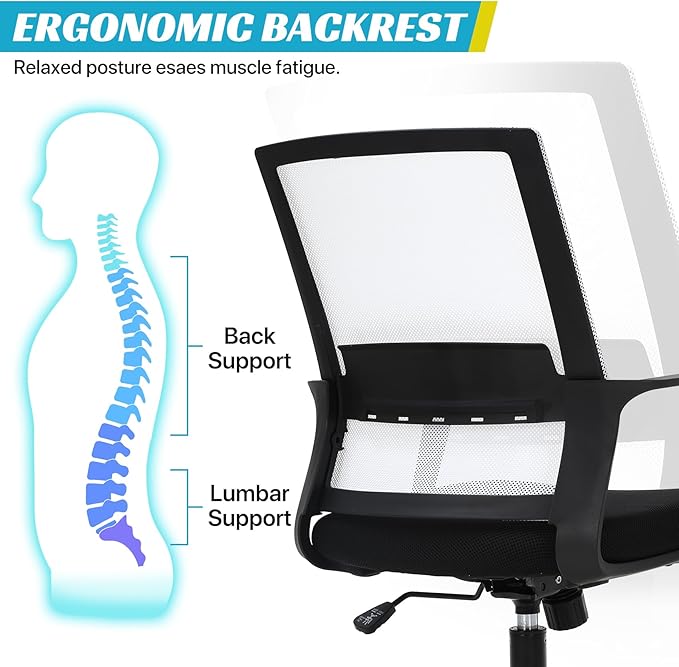 Ergonomic Office Chair, Breathable Mesh Desk Chair, Swivel Computer Chair with Wheels & Adjustable Height & Comfort Seat for Home Office, Gaming Room, White