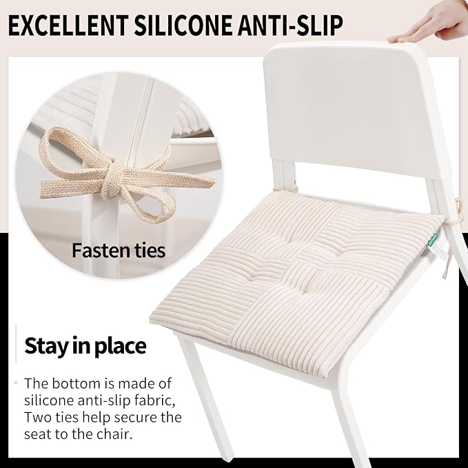 Office Stacking Chair Cushions 4 Pack, Corduroy High Density Foam Kitchen Seat Cushions with Ties, Square 17" x 17" Indoor Non-Slip Dining Chair Pads, White, 4pcs