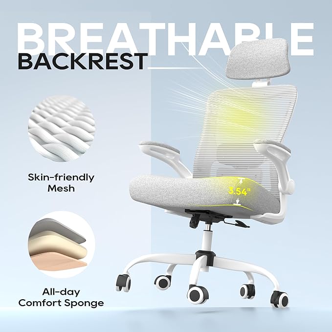 Office Chair, Ergonomic Mesh Desk Chair with Adjustable Lumbar Support and Headrest, Flip-up Armrests, High Back Computer Task Chair for Home and Executive Office (W-All Grey)