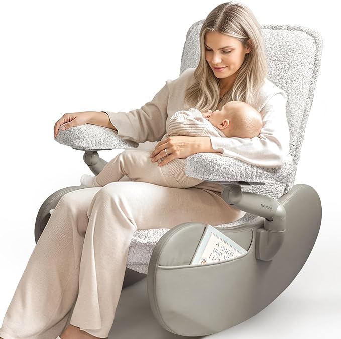 MAMAZING Lullabud Nursery Rocking Chair Glider with Adjustable Armrests for Breastfeeding, Upholstered Nursing Chair with Removable Cover for Mom and Baby(Light Grey/Light Grey)