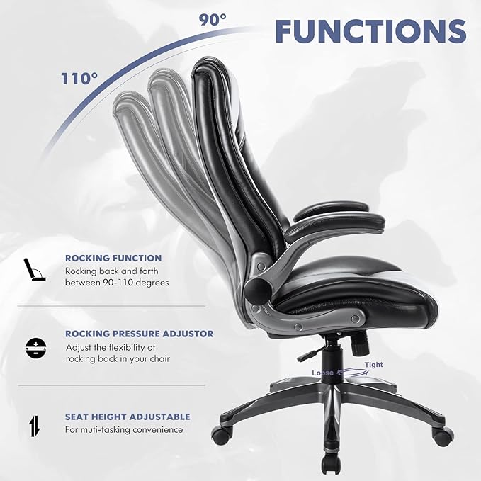 COLAMY Leather Executive Office Chair Set of 2 - High Back Ergonomic Home Computer Desk Chair with Padded Flip-up Arms, Adjustable Tilt Lock, Swivel Rolling Chair for Adult Working Study, Black