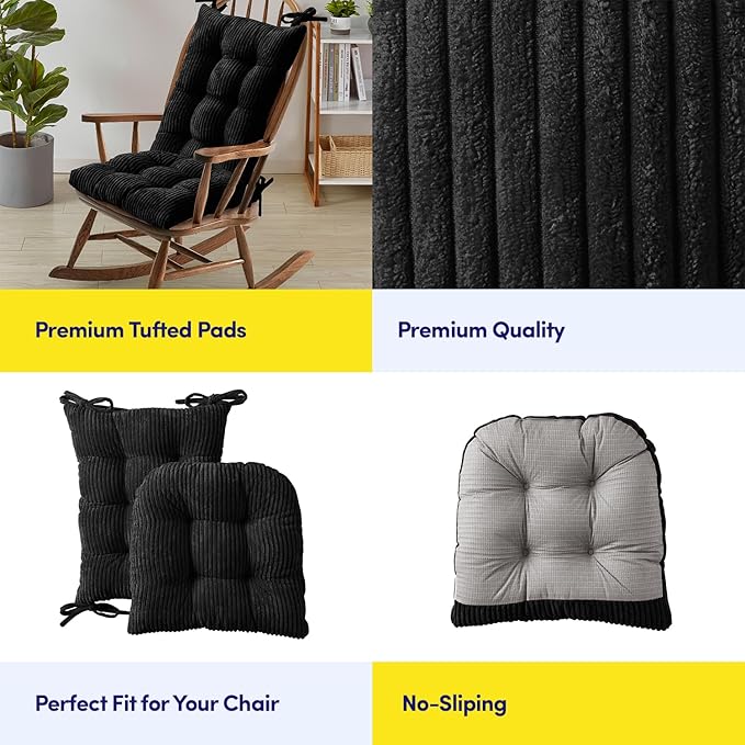 Rocking Chair Cushion Premium Pads Non Skid Slip Backed Set of Upper and Lower with Ties