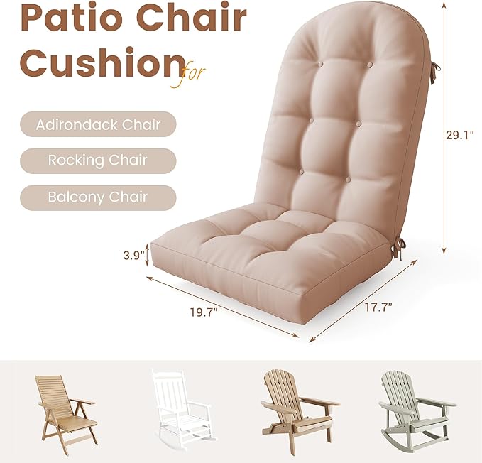 UDPATIO Adirondack Chair Cushion with Ties, Fade-Resistant High Back Outdoor Seat Cushions for Patio, Deck, Porch, Rocking Chairs & Lawn Furniture (Upper & Lower Lumbar Support)，Light Beige