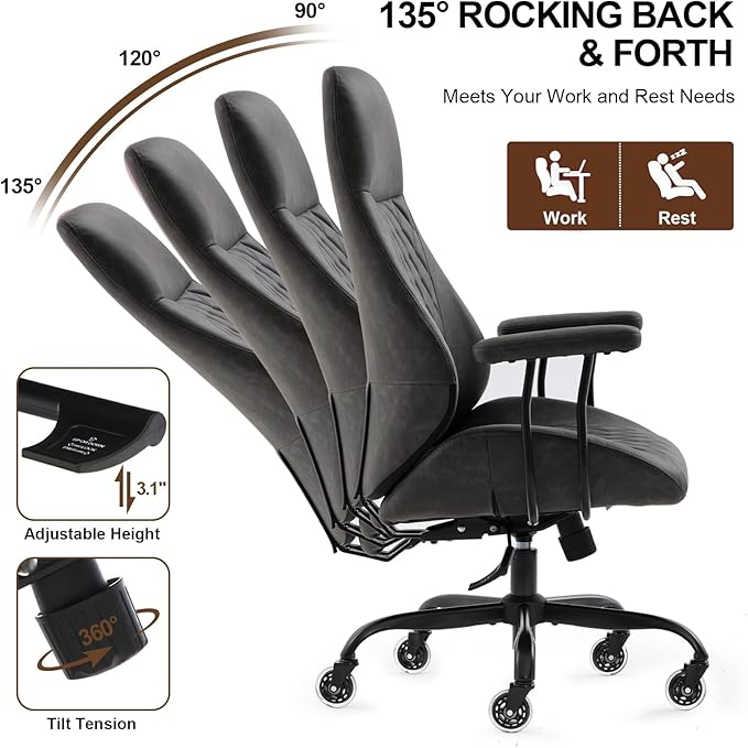 E-Motie Office Chair with Rubber Wheels, Ergonomic Computer Chair 500 lbs, Leather Desk Chair with Lumbar Support, Executive Chair Adjustable Height & Recline, Dark Grey