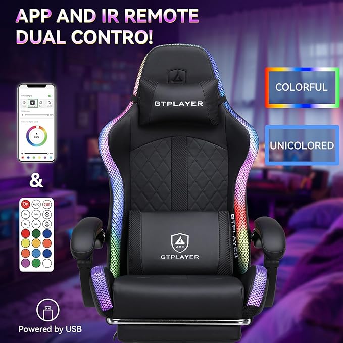 GTPLAYER RGB Gaming Chair with Speakers, Computer Gamer Chair with Footrest and LED Lights, PC Gaming Chairs for Adults, High Back Reclining Office Chairs, Linkage Armrest (Black)