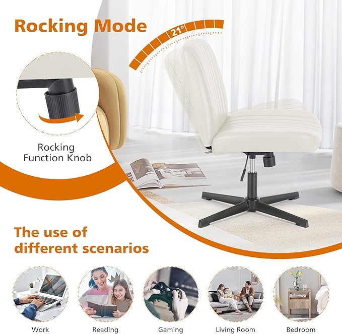 Sweetcrispy Criss Cross Chair Legged, PU Leather Armless Office Swivel Desk Chairs No Wheels, Vanity Height Adjustable Wide Seat Faux Leather Computer Task Chair for Home Bedroom, PU-Beige