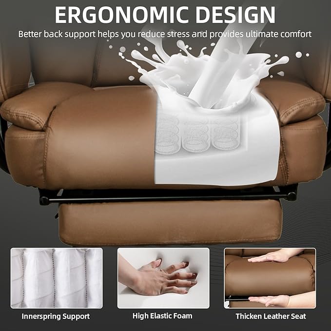 Reclining Office Chair with Footrest, Big and Tall High Back Home Office Desk Chairs 400lbs with Criss Cross Wide Seat, Heavy Duty Base, Pu Leather, Brown