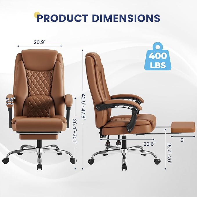 Shahoo Big and Tall Office Chair Height Adjustable Faux Leather Chair with Footrest and Lumbar Support, Ergonomic High Back Computer Chair with 360° Swivel Wheels Task Chairs for Office Home, Brown