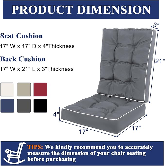 Topotdor Rocking Chair Cushions Indoor, Tufted Rocking Chair Seat Cushion for Patio Furniture, Water Resistant Rocking Chair Pads with Ties for Nursery Balcony Chair, Gray