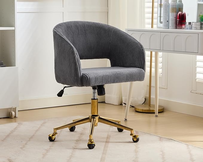 KCC Home Office Chair Swivel Desk Chair Accent Armchair Upholstered Modern Tufted Chairs with Gold Base for Girls Women Ergonomic Study Seat Computer Task Stools, with Wheels, Corduroy,Gray