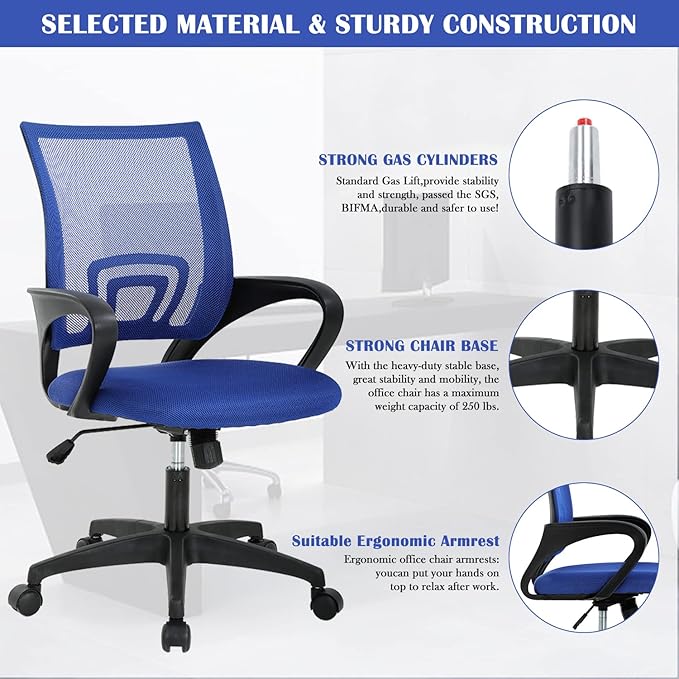 MKDLUFEI Office Chair, Adjustable Ergonomic Computer Task with Lumbar Support Mid Back Mesh Task with Backrest for Home Office Work Student, Adults, Blue