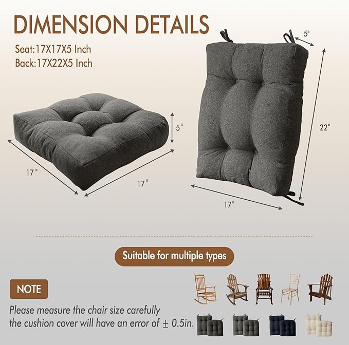 Rocking Chair Cushion, Set of 2, with Thicken Seat & Lumbar Support Back Cushion, Ergonomic Chair Cushion Non-Slip Bottom with Ties for Indoor/Outdoor Rocker, Office Chair, 22X17 Inch, Light Grey