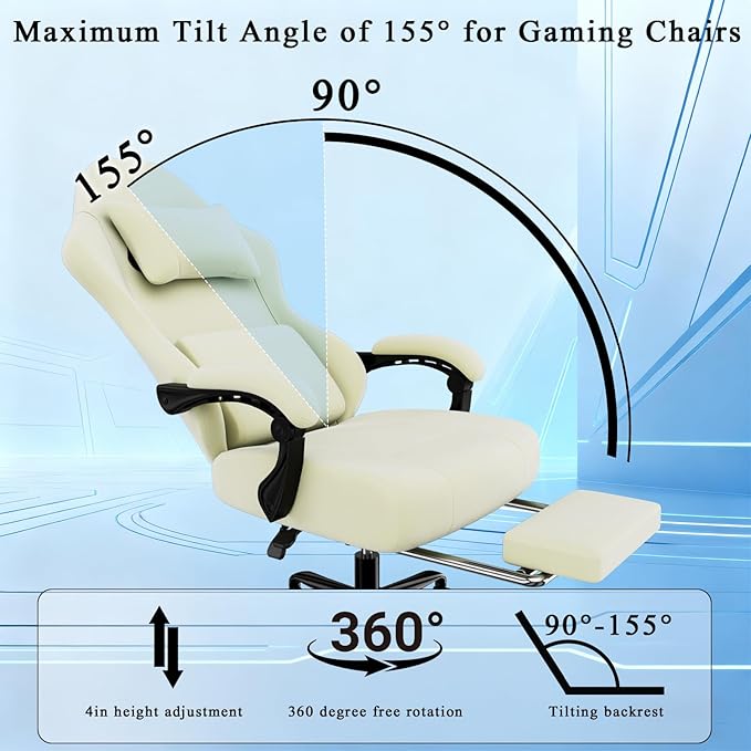 Massage Gaming Chair, Ergonomic Video Game Chair with Lumbar Support and Footrest, Height Adjustable Fabric Computer Chair with Pocket Spring Cushion (Beige)