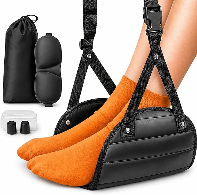 Airplane Foot Rest Hammock – Travel Footrest for Airplane with Memory Foam, Adjustable Foot Sling for Long Flights, Portable Carry Bag, Eye Mask & Earplugs – Flight Accessories Must Have