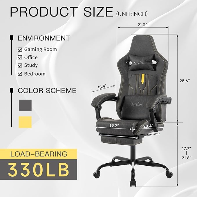 Gaming Chair with Footrest Ergonomic Computer Chair Massage Lumbar Cushion, Racing Video Game Chair Adjustable Rocker Recliner Executive Office Desk Chair Pu Leather for Adults