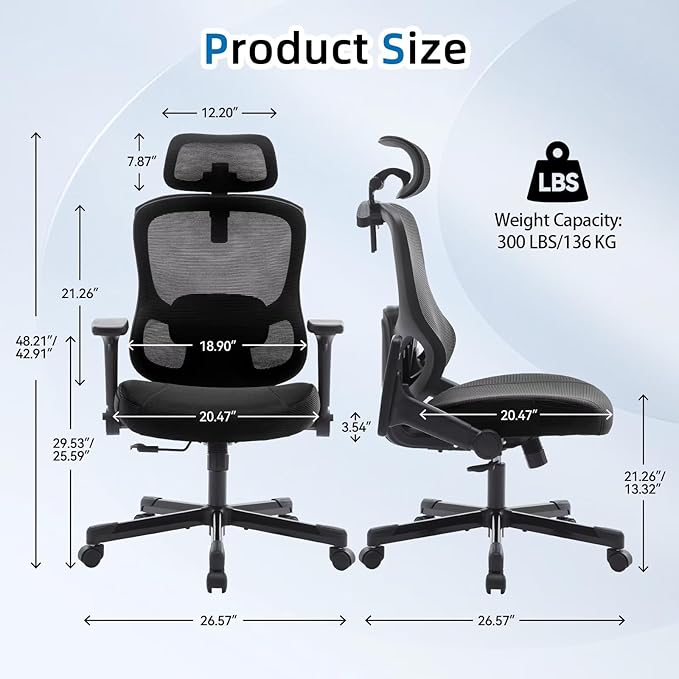 Ergonomic Office Chair Big Tall Reclining Gaming Chair Adjustable Lumbar Support 6D Armrest 6D Headrest Breathable Mesh Swivel Computer Chairs Home Task Desk Chair Wheels Coat Hanger Tilt Lock Blue