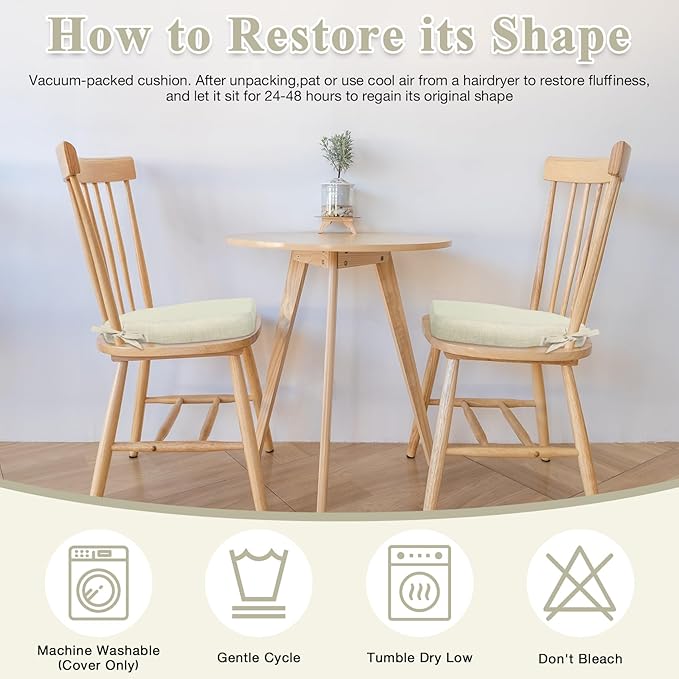 2 Pack Beige Winsor Chair Cushions with Ties, Dining Kitchen Chair Seat Pads Non Slip Removable Washable Cover 17"x16"