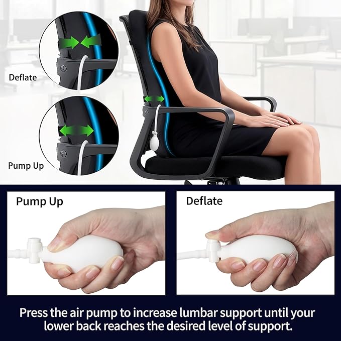 Adjustable Airbag Lumbar Support Pillow for Office Chair - Memory Foam Adjustable Firmness Back Cushion Relieves Upper/Lower Back Pain for Sitting Long Hours, Home Office Desk Chair Car/Truck Seat