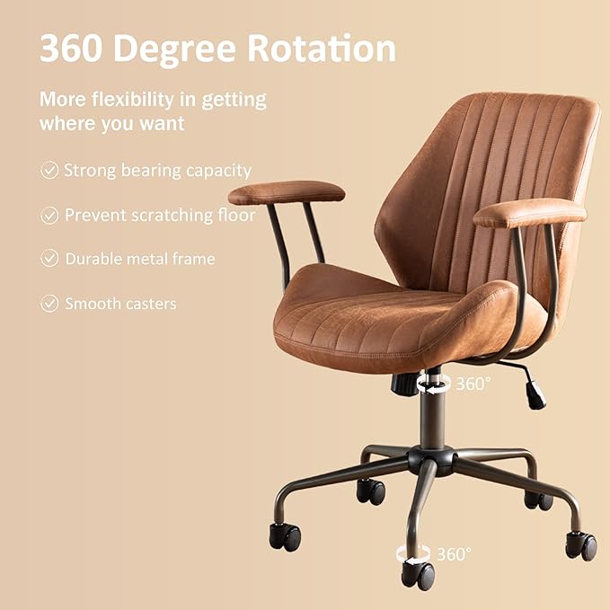Mid Back Home Office Chair, Mid Century Modern Executive Chair, Comfy Ergonomic Rolling Office Desk Chair with Lumbar Support, Brown Faux Leather Office Chair, Brown