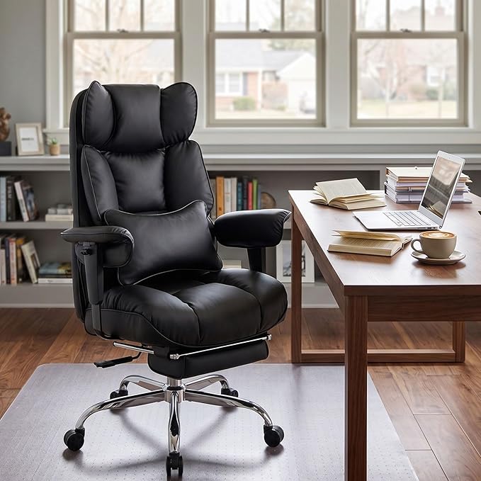 Efomao Big and Tall Office Chair 400lbs - Heavy Duty Reclining Desk Chair with Footrest, Spacious High Back PU Leather Executive Chair, Double-Layer Spring Support, Black