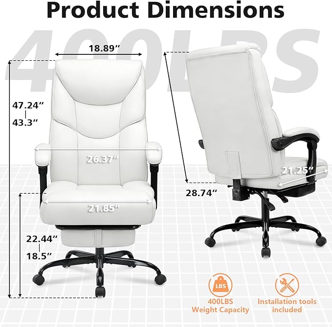 WAILOR 400lbs Office Chair with Foot Rest, Reclining Big and Tall Office Chair with Lumbar Support, High Back PU Leather Computer Chair,Comfy Desk Chair for Home Office (Casual) (White)