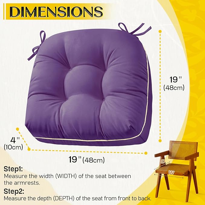 1 MIDDLE ONE Outdoor Chair Cushions Set of 2, Outdoor Cushions for Patio Furniture and Wicker Chair, Memory Foam Patio Seat Cushion Pads with Ties, 19 x 19 Inch (Purple)