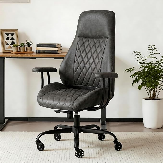 E-Motie Office Chair with Rubber Wheels, Ergonomic Computer Chair 500 lbs, Leather Desk Chair with Lumbar Support, Executive Chair Adjustable Height & Recline, Dark Grey
