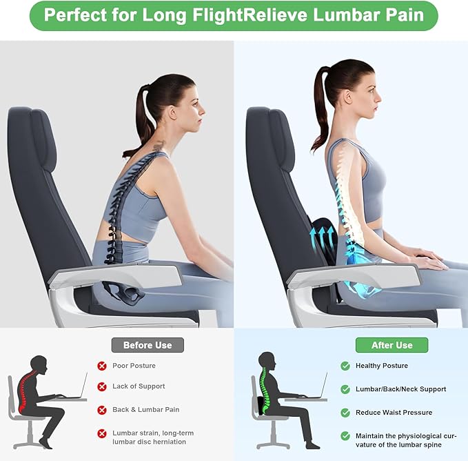 Lumbar Pillow with Air Pump, Travel Inflatable Pillow for Lumbar and Lower Back Pain Relief, Essential Lumbar Support Pillow for Airplane Travel, Car, Office Chair (Black)