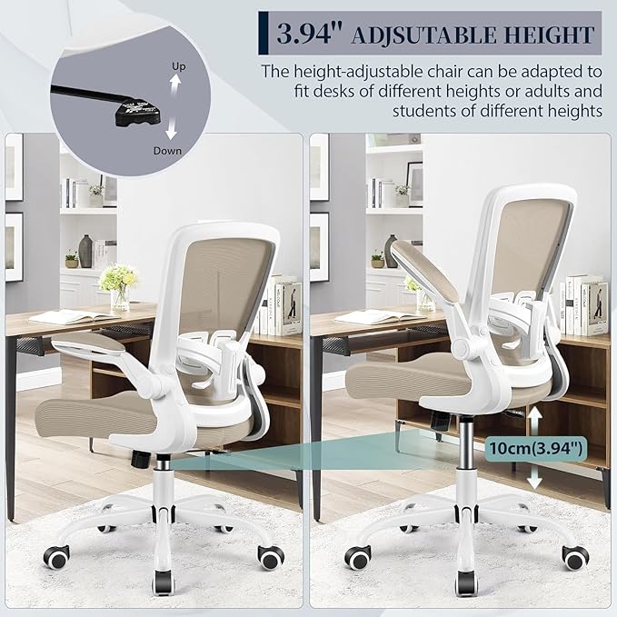 Ergonomic Office Chair 2026 - Mesh Desk Chair with Flip-up Armrests, Adjustable Height and Lumbar, 360° Swivel Comfortable Computer Chairs for Home, Conference Room, Reception, Kahki