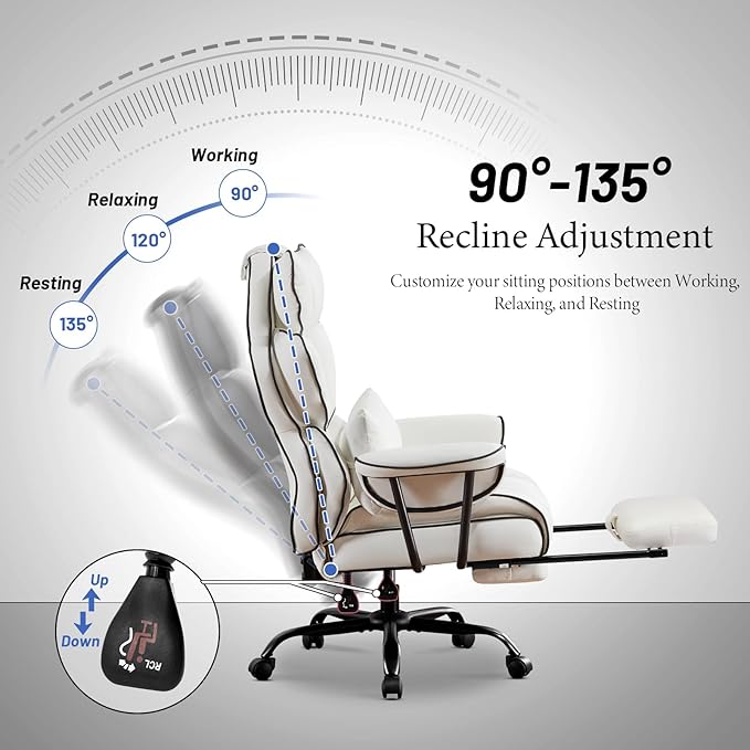 Furniliving Big and Tall Executive Office Chair- Ergonomic, Reclining Desk Chair with Footrest Lumbar Pillow, Height Adjustable Back Leather Chair for Home Office, Pure White