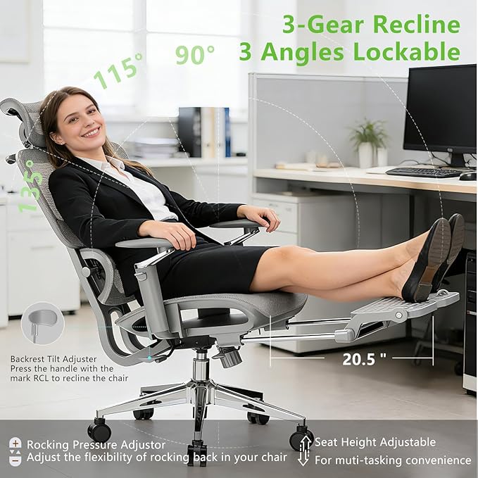 Ergonomic Office Chair with Footrest,High Back Mesh Desk Chair,Lumbar Support & 90-135°Recline,3D Headrest & 6D Armrests,Swivel Computer Chair for Home Office, Work & Gaming 1Pack