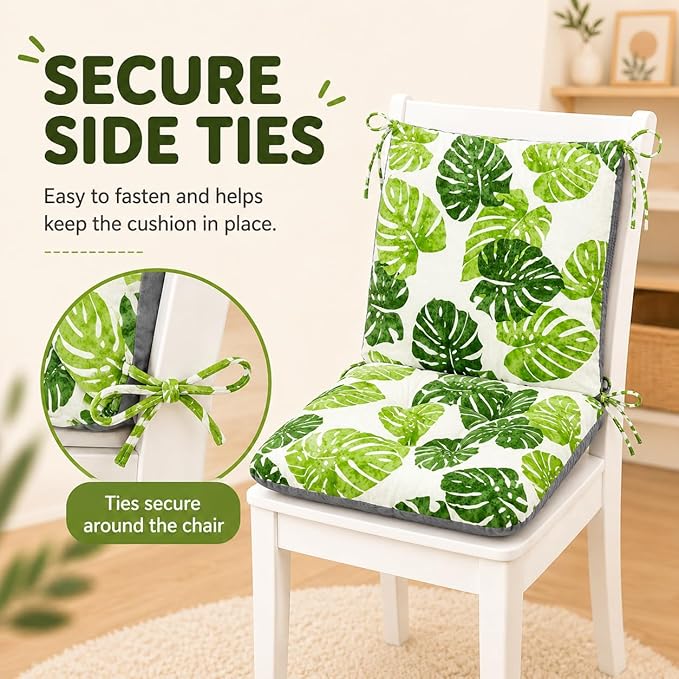ChezMax Chair Cushion Cotton Linen Detachable Seat Back Cushion with Ties Thickened Chair Pads for Outdoor Car Office Patio Bedroom Living Room Green Bale