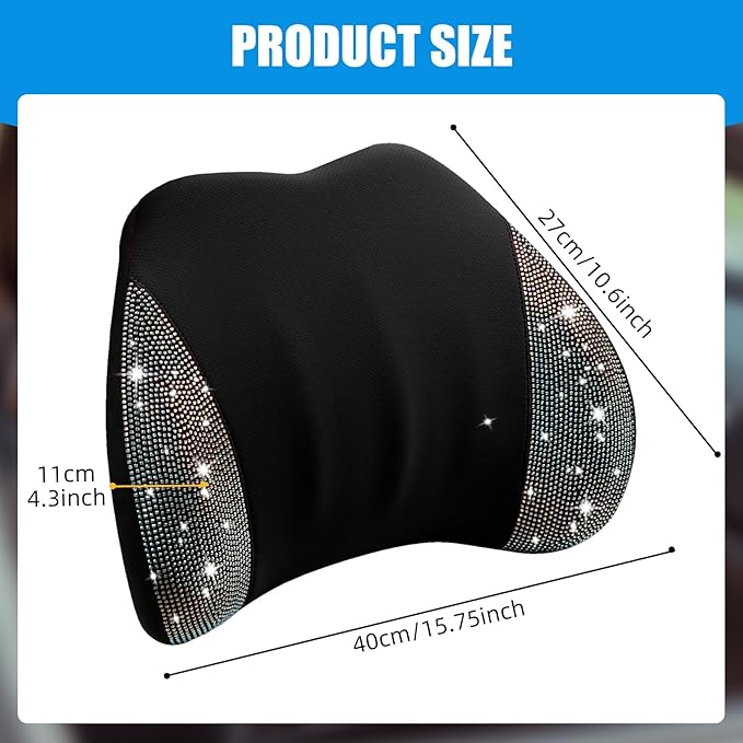 Lumbar Support Pillow with Diamond, Memory Foam Lumbar Pillow for Office Chair for Lower Back Pain Relief, Car Lumbar Support for Driving Seat, Back Support Pillow for car Chair(Black)