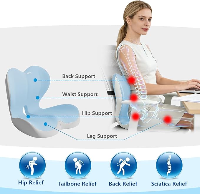 Orthopedic Memory Foam Seat Cushion with Adjustable Strap, Coccyx & Sciatica Pain Relief, Washable Non-Slip for Long Sitting, Ergonomic Posture Support for Office Chair, Car & Wheelchair (Blue Grey)