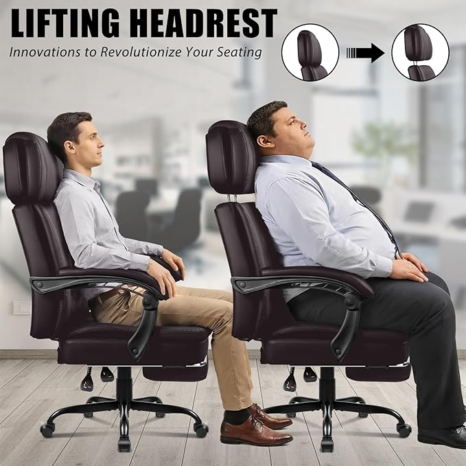 LEMBERI400lbs Executive Office Chair with Foot Rest, Ergonomic Heavy Duty Big and Tall Desk Chair with Adjustable Headrest, High Back PU Leather Comfy Reclining Computer Chairs