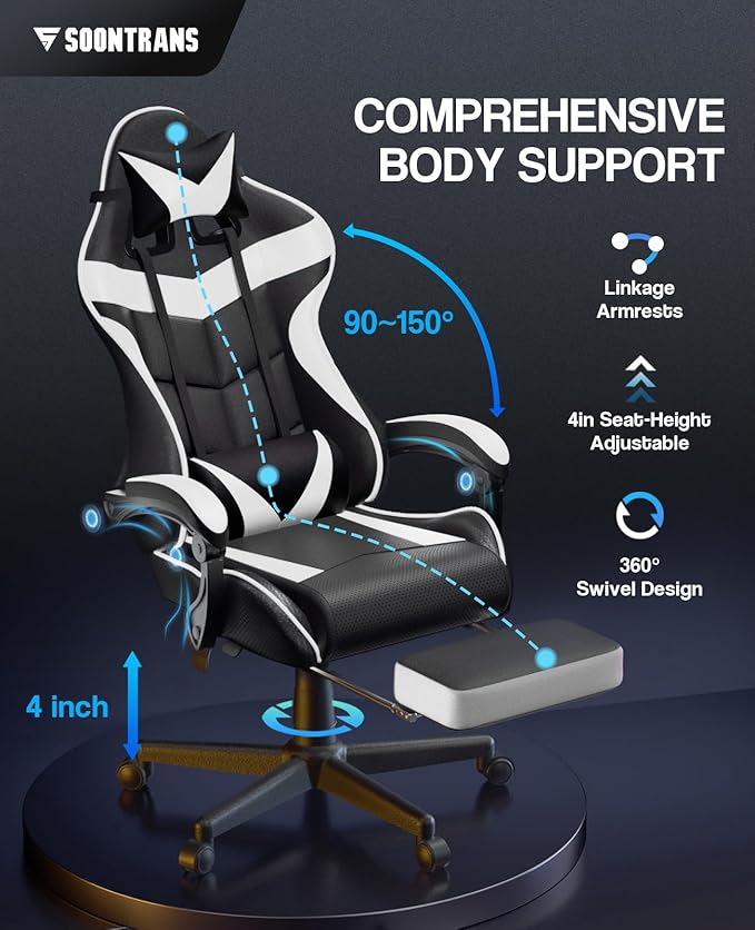Soontrans White Gaming Chairs with Footrest, Video Game Chairs for Adults Teens,Ergonomic Gamer Chair with Headrest, Lumbar Support Adjustable Recliner Chair(Polar White)