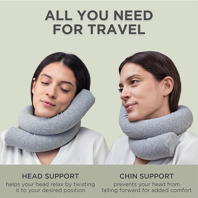 Dot&Dot Twist Memory Foam Travel Pillow for Neck, Chin, Lumbar and Leg Support - Cotton Cover Snap Closure Grey