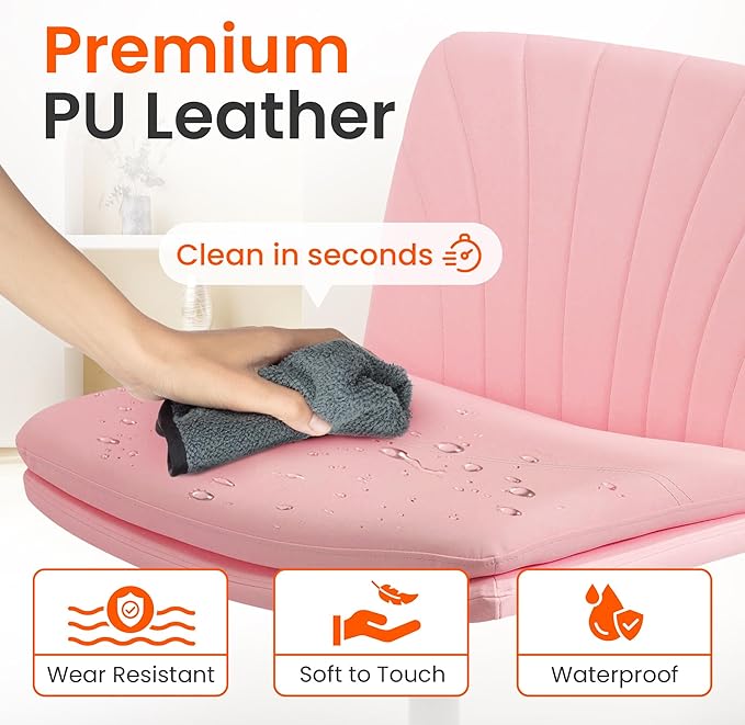 Orange Factory Criss Cross Chair with Wheels Comfy Wide Vanity Desk Chair Dual Base Leather Armless Adjustable Swivel for Home Computer Task (Pink Pu, Faux Leather)