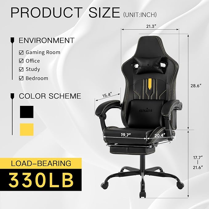 Gaming Chair with Footrest Ergonomic Computer Chair Massage Lumbar Cushion, Racing Video Game Chair Adjustable Rocker Recliner Executive Office Desk Chair Pu Leather for Adults