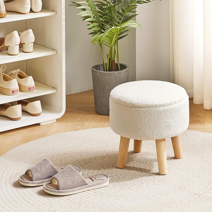 IBUYKE 13 Inch Foot Stool Ottoman with Storage, Round Small Foot Rest with Padded Seat and Wood Legs, Teddy Velvet Mini Footstool for Living Room Couch Bedroom Entryway, Cream WBD006W