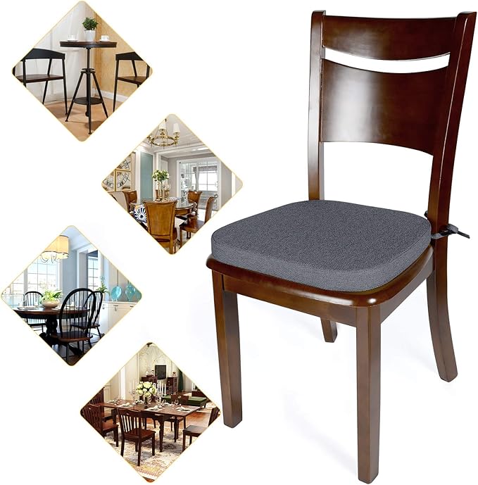 Shinnwa Seat Cushions for Kitchen Chairs Set of 4, Non Slip Dining Room Chair Cushion with Ties, 4 Pack, 15 x 15.5 inches, Dark Gray