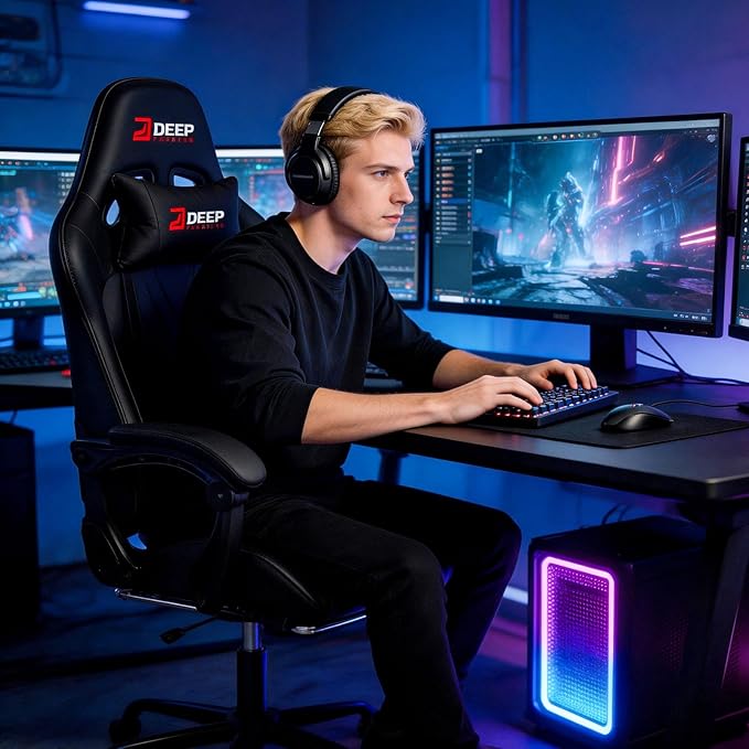 Gaming Chair with Footrest, Ergonomic Game Chair with Lumbar Support and Linkage Armrest, Reclining Computer Chair Height Adjustable for Home Office (1001-Black)