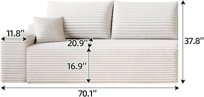 135" U Shaped Boneless Couch with Ottoman, Convertible Sleeper Compression Sofa, Corduroy Couch Sectional for Living Room Bedroom, Deep Seat Foam Cloud Sofas No Assembly, Right Facing Chaise, White