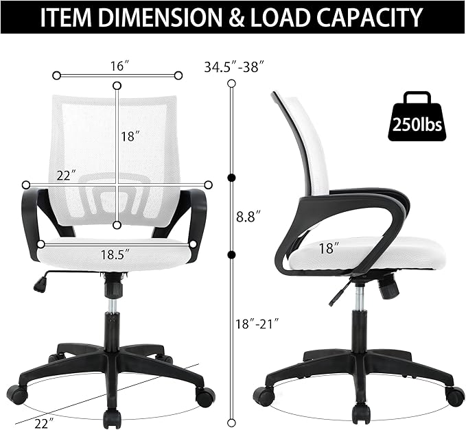 Backrest Office Chair - Ergonomic Mesh Design with Height Adjustable 17.7-20.7", Day Work, PVC Base, White