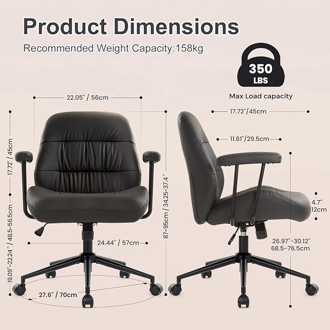 IWMH Leather Office Chair with Removable Armrests，Mid-Back Ergonomic Desk Chair with Lumbar Support，Adjustable Height 360° Swivel Executive Task Chairs for Home Office (Black)