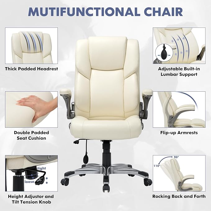 COLAMY Leather Executive Office Chair- High Back Home Computer Desk Chair with Padded Flip-up Arms, Adjustable Tilt Lock, Swivel Rolling Ergonomic Chair for Adult Working Study-Lvory, Set of 2